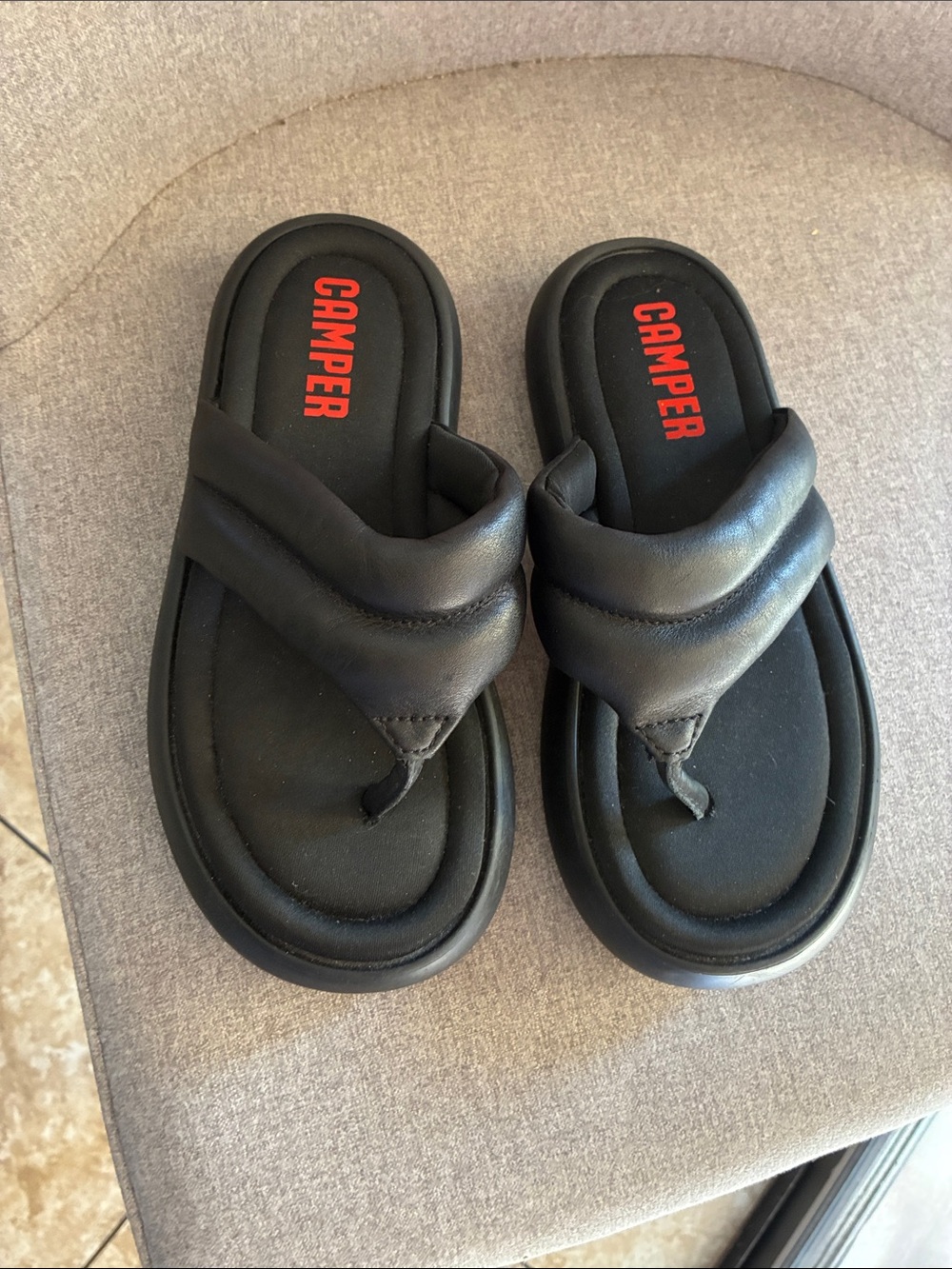 Camper Women’s Black Padded Toe-Post Sandals with Red Logo (new w/o tags)